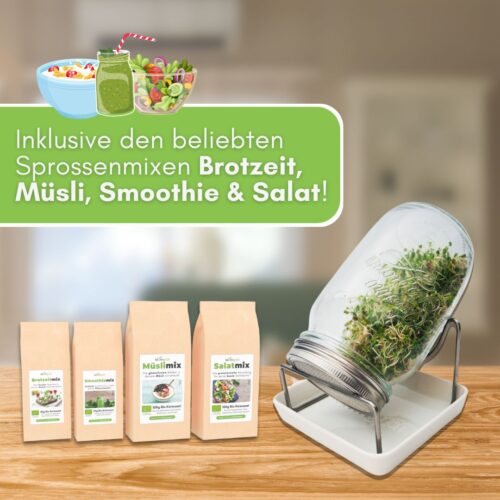 Sprossenglas-Set mit Probierpaket Sprossenmixe. Inklusive den beliebten Sprossenmixen Brotzeit, Müsli, Smoothie & Salat!